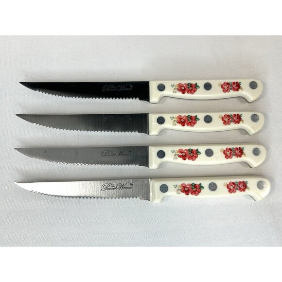 Pioneer Woman Steak Knife Floral White Set 4 Red Flower Serrated - Picture 1 of 9
